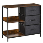 Black storage dresser cabinet with three gray fabric drawers and two open shelves