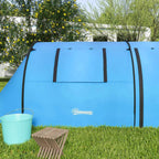 Sky blue tunnel room tent side view with front panel and front access flap