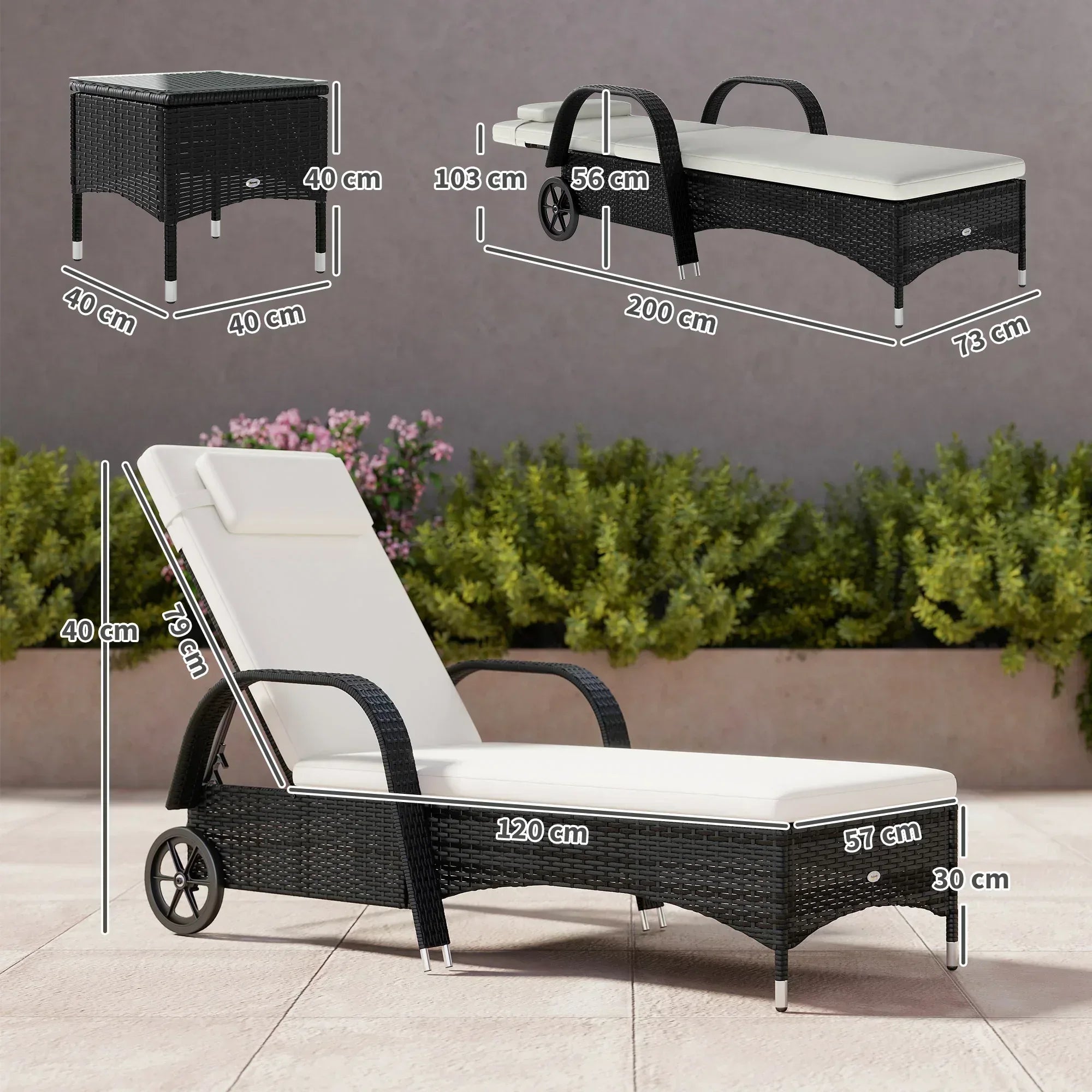 2 Seater Rattan Sun Lounger Set with Side Table Black - Bobobiy