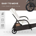 Brown rattan sun lounger with rear wheels for easy moving and arched side frames