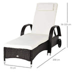 Single dark brown rattan sun lounger with adjustable headrest, white cushion, and wheels