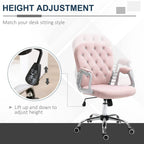 Pink velvet swivel office chair with height-adjust feature and chrome rolling base
