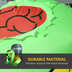 Close-up of green inflatable zombie design with RIP Happy Halloween graphic and LED glow