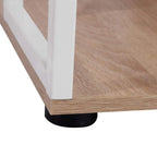 Oak and white desk base with white frame and black leveling foot