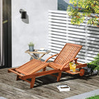 Outdoor folding wooden sun lounger recliner with slatted backrest, armrests, and side table