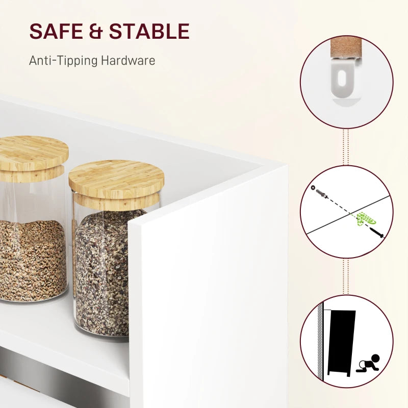 White folding dining table with open shelf compartments holding jars, anti-tipping hardware detail