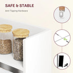 White folding dining table with open shelf compartments holding jars, anti-tipping hardware detail