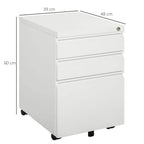 White 3-drawer mobile metal filing cabinet with anti-tilt base and caster wheels.