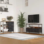 Black side storage cabinet with three gray fabric drawers and two open shelves