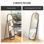 Black two-way curved full-length oval mirror, shown freestanding and leaning view.