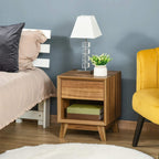 Walnut brown bedside table with drawer and open shelf, visible top and base