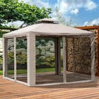 Brown-framed taupe gazebo with mesh netting panels and roof top vent