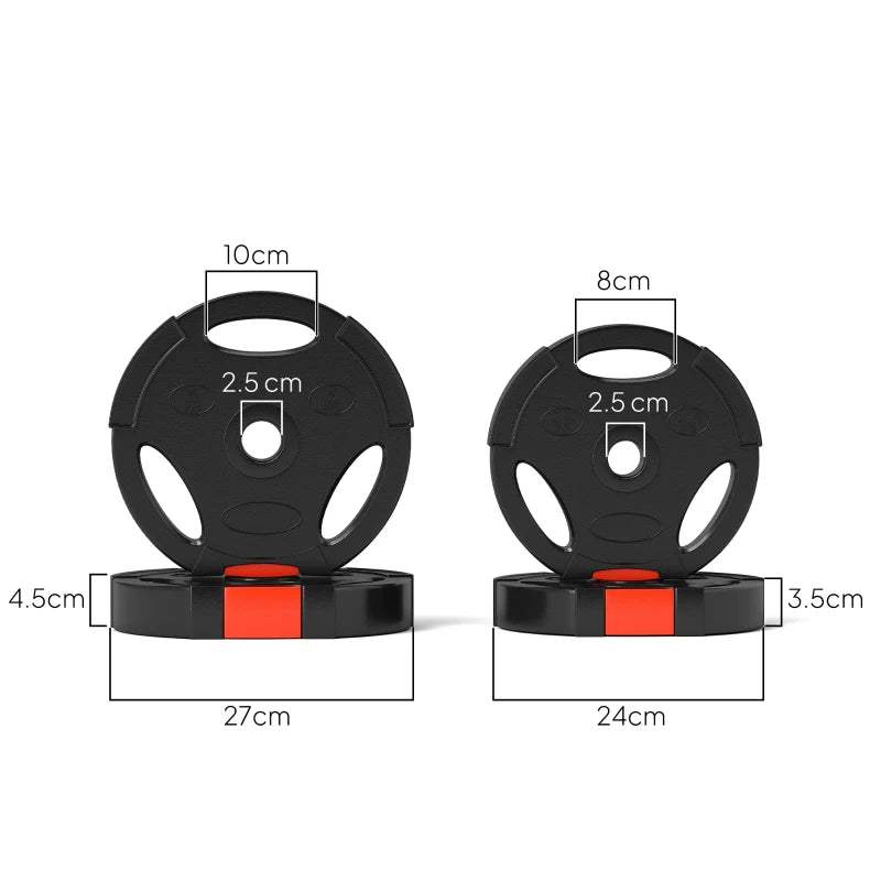 Black weight plates set with four discs: two 5kg and two 2.5kg, orange inserts