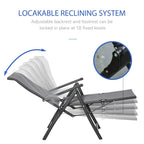 Grey sun lounger with adjustable reclining mechanism and footrest on folding steel frame