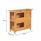 Two-tier wooden guinea pig hutch with wire-mesh front doors and green roof