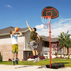 Outdoor portable basketball hoop with wheels, red pole, and white netted rim