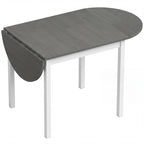 Grey drop-leaf wooden dining table with white legs, one leaf extended