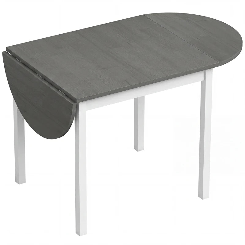 Grey drop-leaf wooden dining table with white legs, one leaf extended