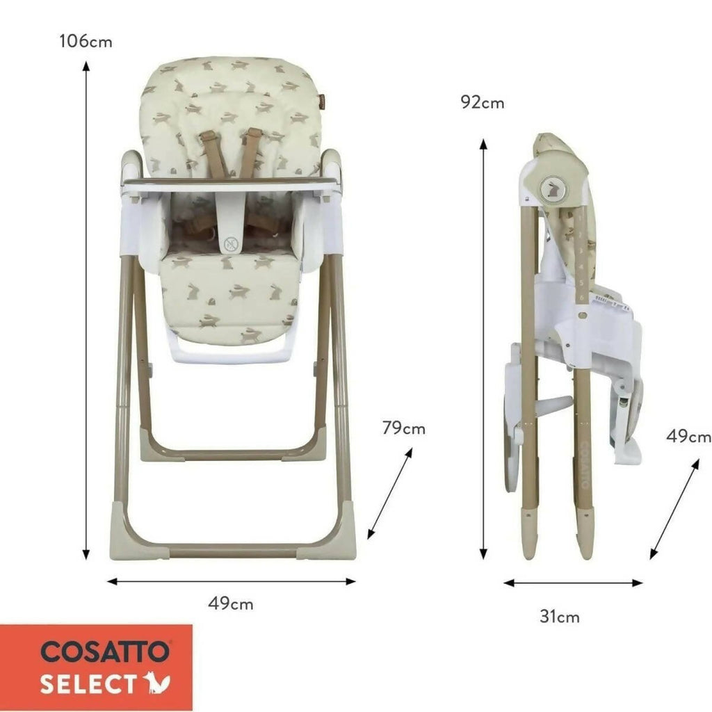 Cosatto Pip 0+ high chair with car-pattern seat cover, shown with size diagram