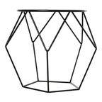 Round black side table with geometric hexagonal steel frame and round top