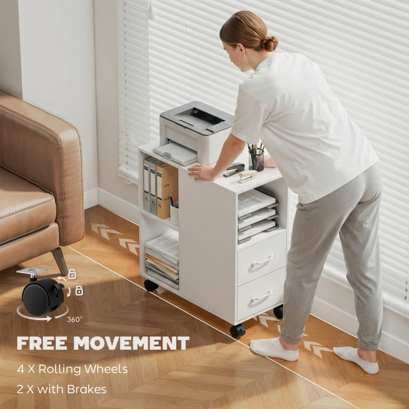 White rolling printer table with 360° wheels and drawer storage beside an armchair