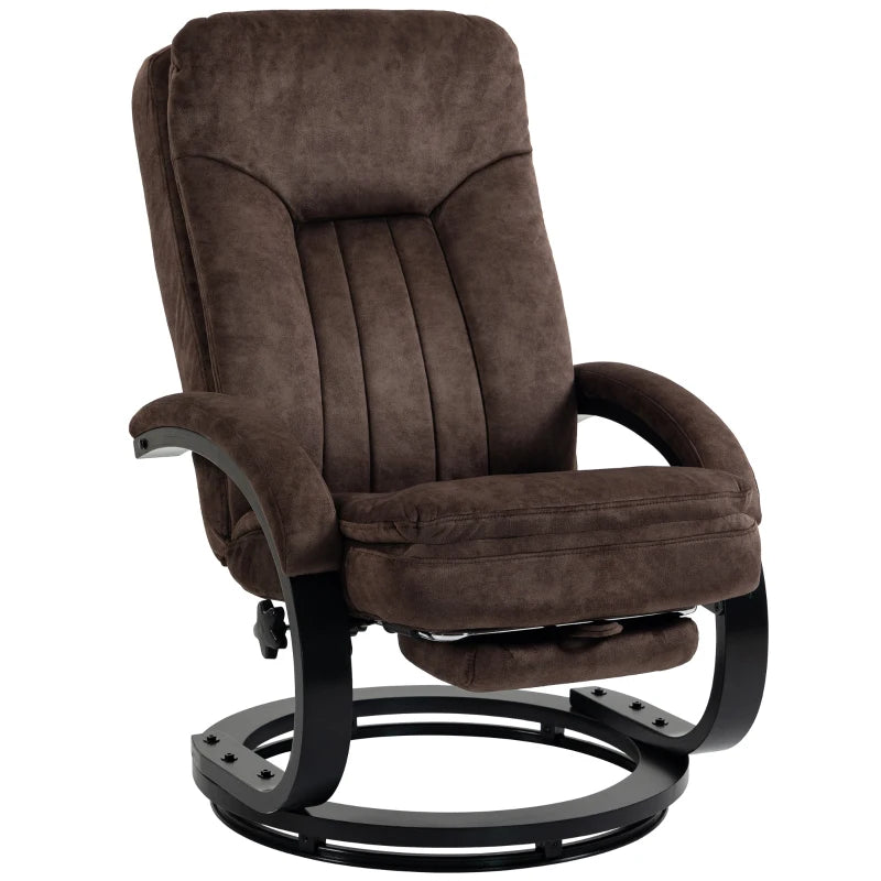 Dark brown velvet swivel recliner chair with high back and retractable footrest
