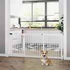 White wooden dog gate with door panel, with a dog sitting in front