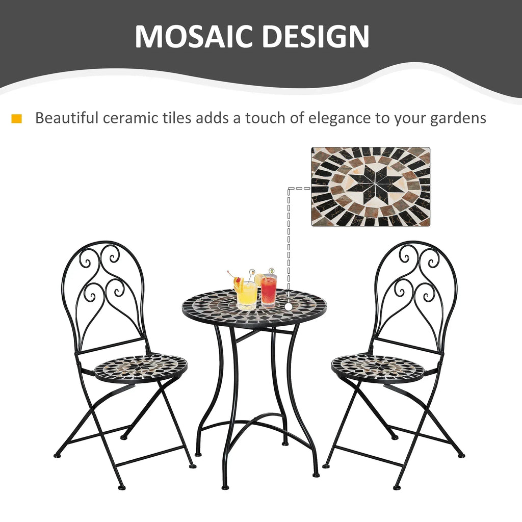 3 Pieces Garden Bistro Set with Coffee Table and 2 Folding Single Chairs, Mosaic Garden Table Top and Seats, Metal Frame, for Patio Balcony, Black - Bobobiy