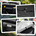 Black pet stroller accessory pouch, zipper strap details, and handle close-up