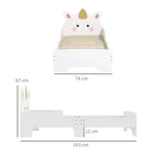 White unicorn toddler bed front and side views with slatted mattress base