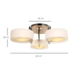 3-light ceiling chandelier with chrome canopy, three white acrylic shades; 64 cm width