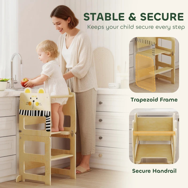 Natural wood toddler step stool tower with secure handrail and wide step platforms