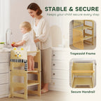 Natural wood toddler step stool tower with secure handrail and wide step platforms