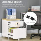 White lockable filing cabinet with keys shown near the drawer; hanging folders inside.