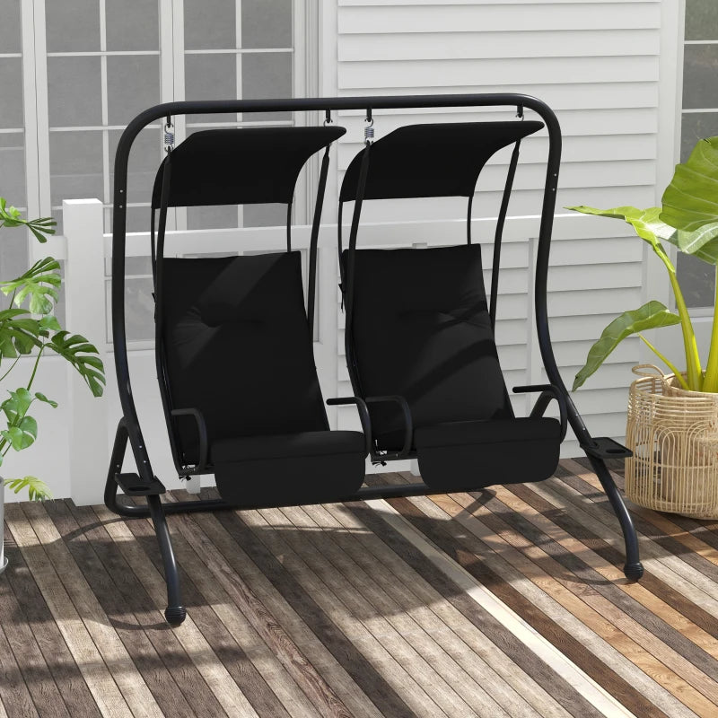 Black two-seat garden swing chair with canopy, set on an outdoor wooden deck