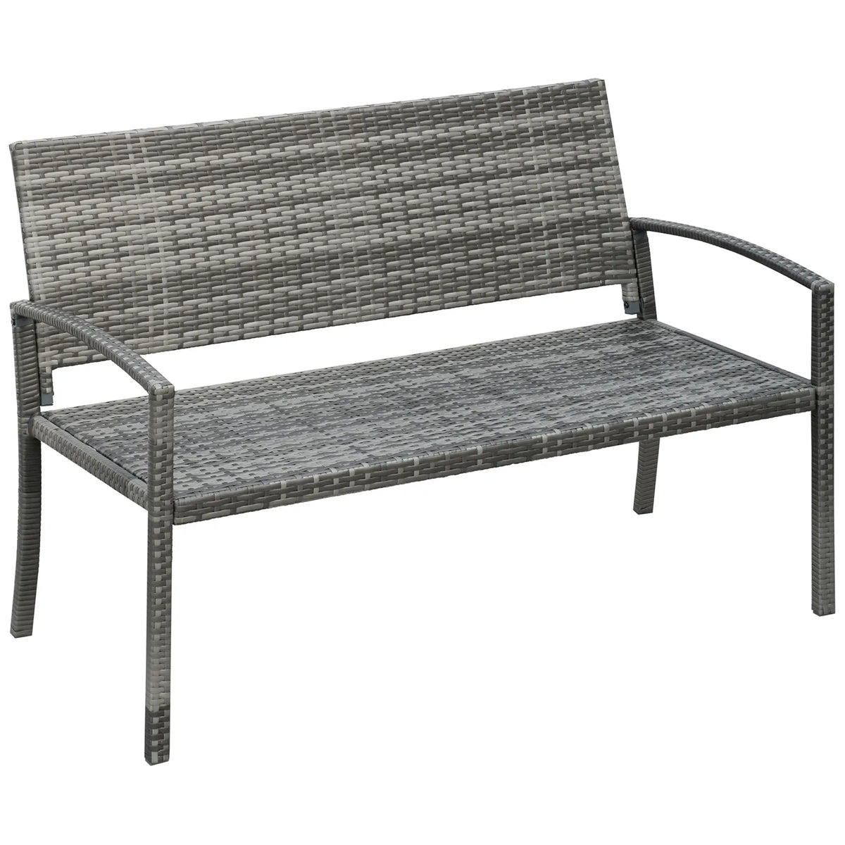 Grey poly rattan garden bench with woven seat and back, armrests and steel legs