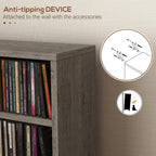 Dark wood-effect CD storage unit top with anti-tipping wall-mount device.