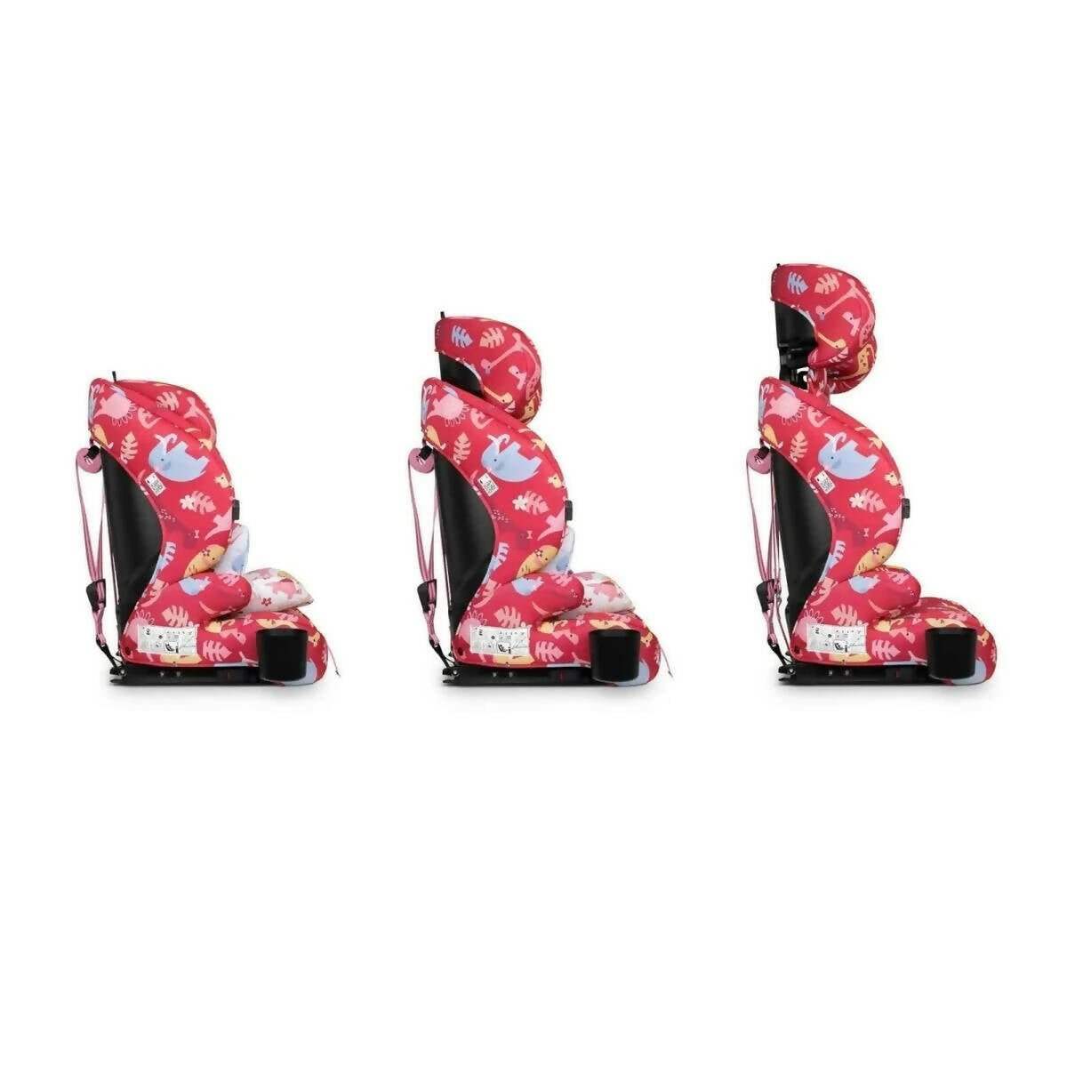 Red dinosaur-print car seat, rear-side view with reclined backrest and harness straps
