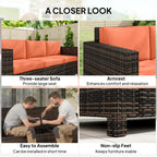 Orange 3-seat sofa with dark rattan armrests and woven base panel