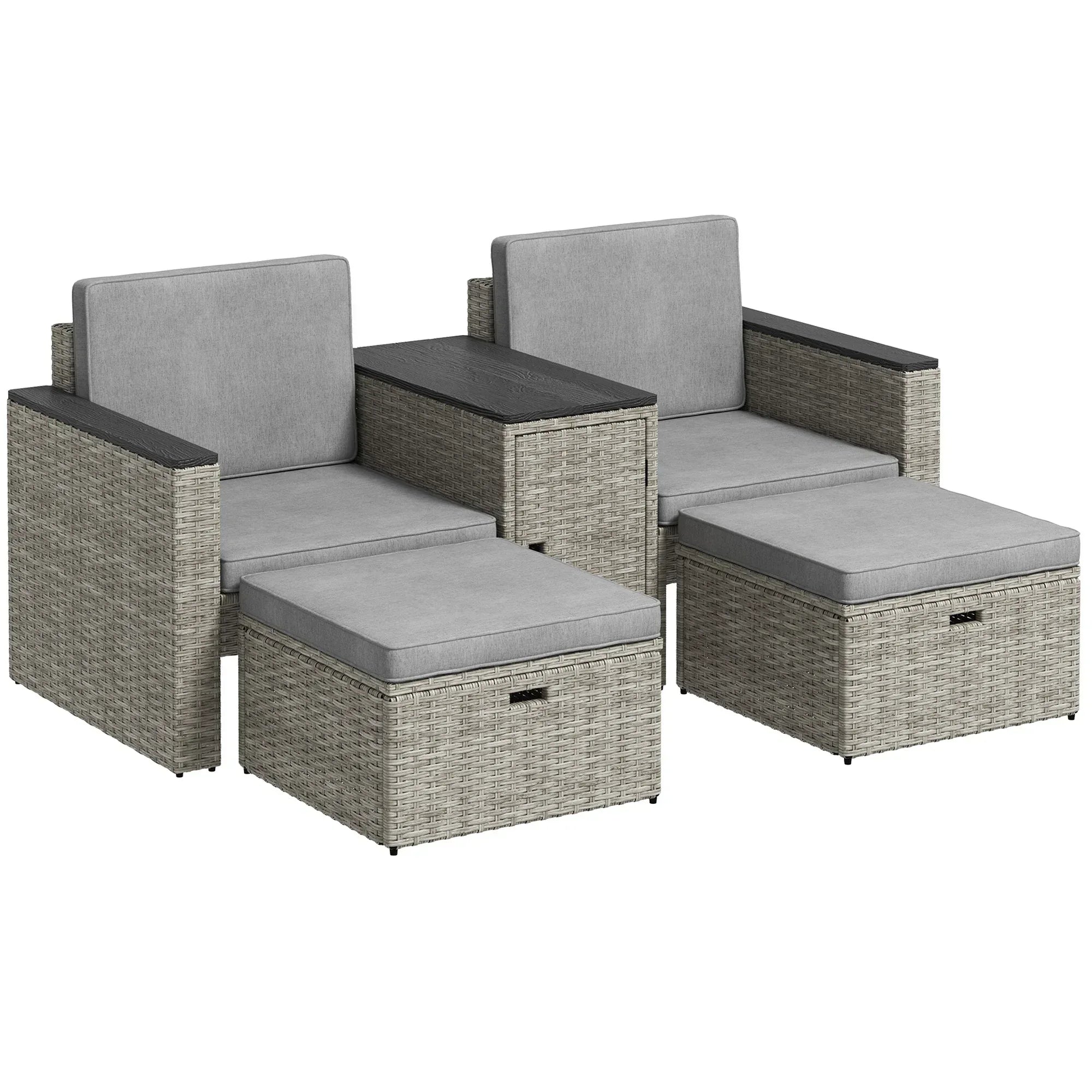 5 Piece Rattan Garden Furniture Set, Nesting Outdoor Furniture Conversation Set with 2 Footstools, WPC Storage Coffee Table and Cushions, Wicker Garden Sofa for Conservatory, Terrace, Grey - Bobobiy