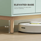 Light green TV stand on light wood legs with clearance underneath for cleaning