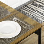 Wood tabletop edge with inset black frame and bench seat, natural wood finish