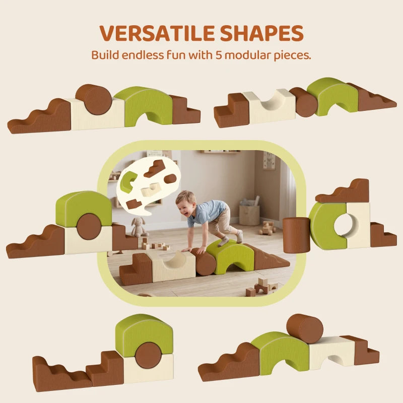 Five-piece modular foam climbing blocks with interlocking arch, ramp, and steps