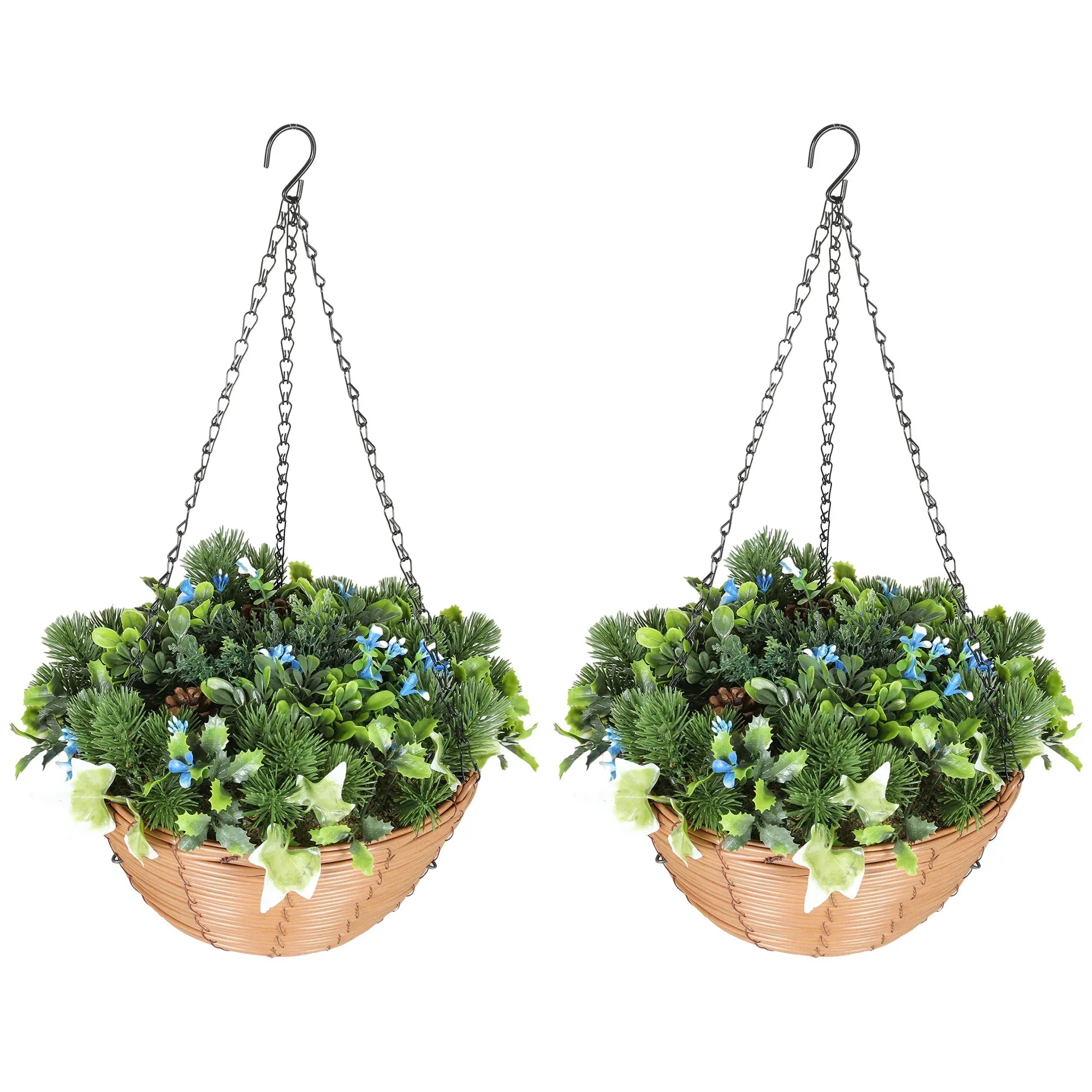 Pack of 2 Faux Plant Artificial Lisianthus Flowers, Hanging Planters with Basket, PE Leaves, 18 Flowers and 3 Pinecones, Decorative Faux Plants for Home Office Decor, Green - Bobobiy