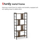 Open 5-tier industrial bookcase with rustic brown shelves and black metal frame, front view.