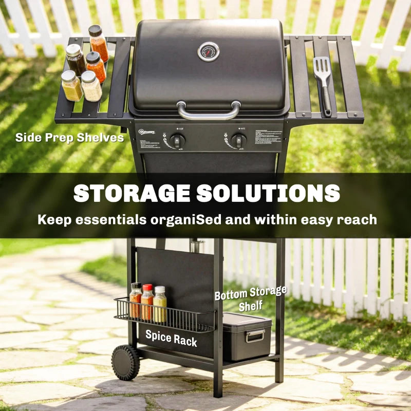 Black gas barbecue grill with side prep shelves and lower storage racks