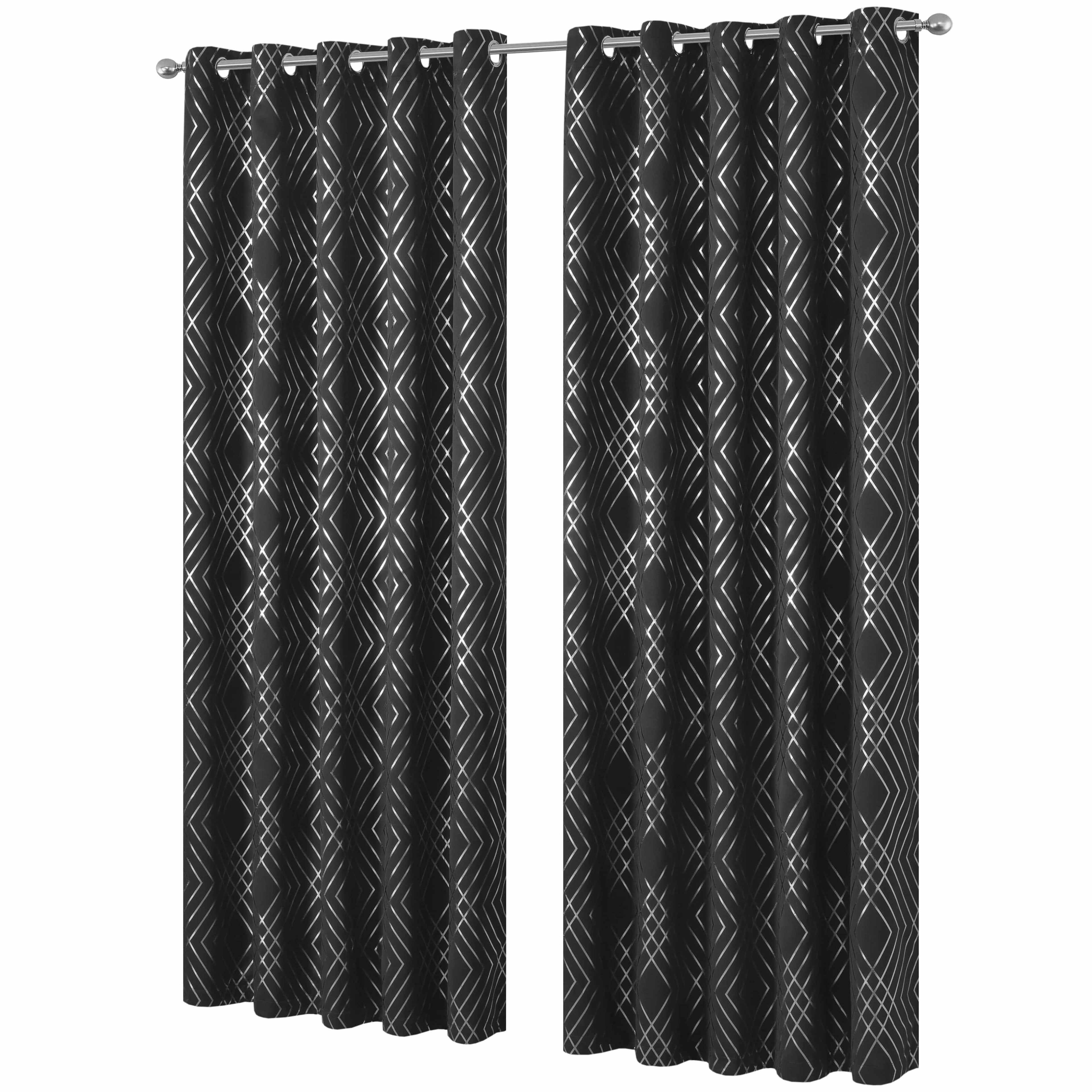 Geometric Black Sparkle Blackout Curtains Soft Thermal Insulated Eyelet Ring Top Living Room & Bedroom Drapes