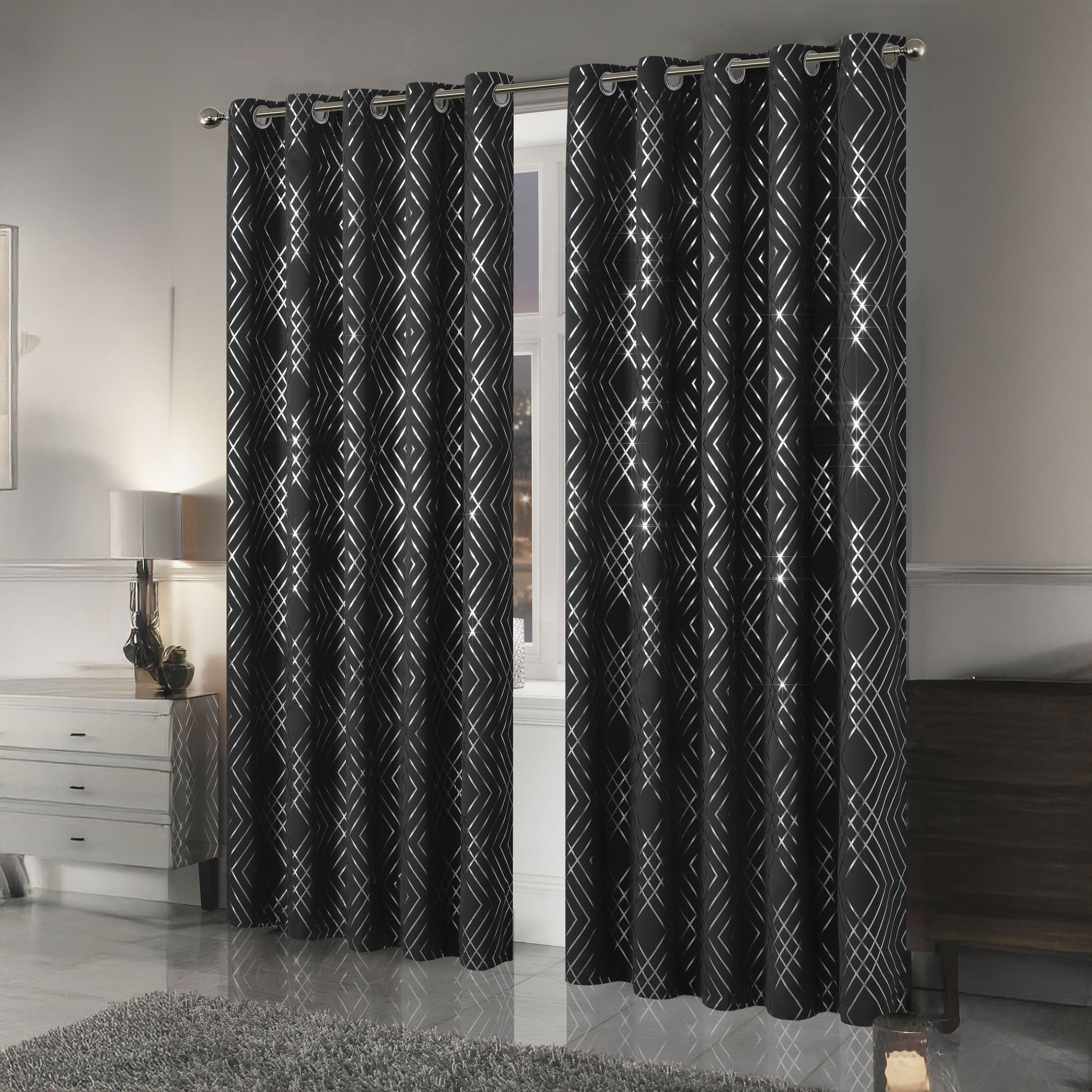 Geometric Black Sparkle Blackout Curtains Soft Thermal Insulated Eyelet Ring Top Living Room & Bedroom Drapes