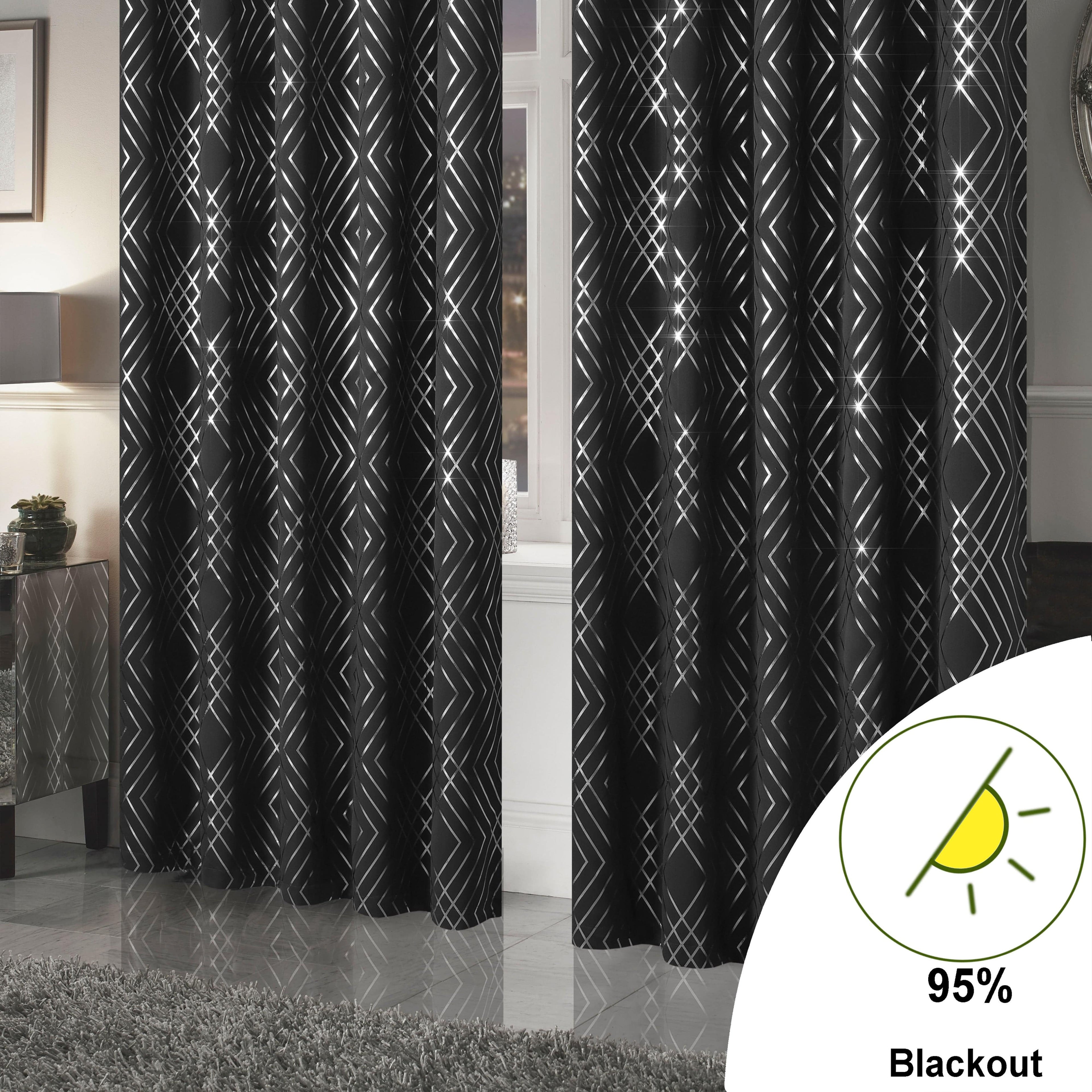 Geometric Black Sparkle Blackout Curtains Soft Thermal Insulated Eyelet Ring Top Living Room & Bedroom Drapes