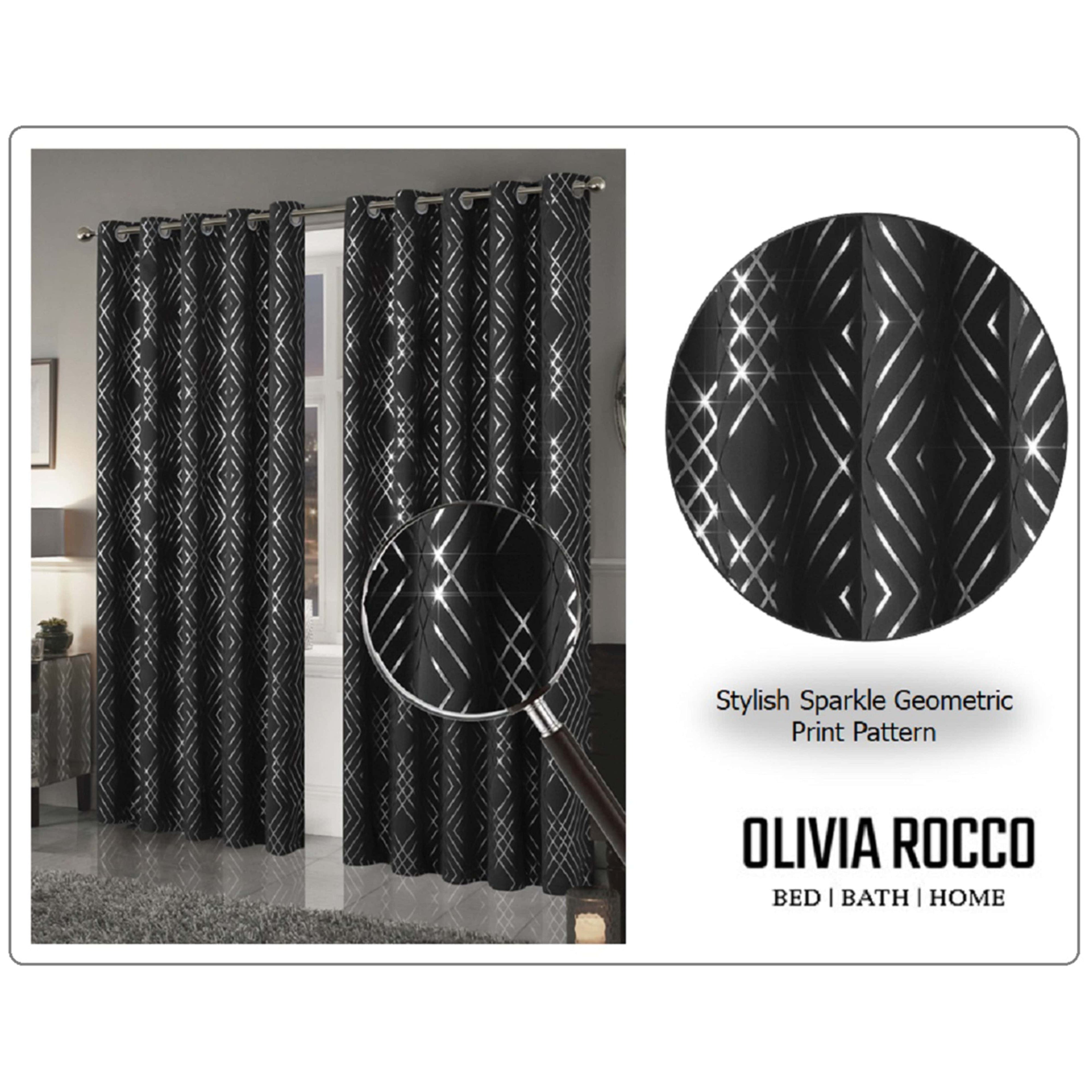 Geometric Black Sparkle Blackout Curtains Soft Thermal Insulated Eyelet Ring Top Living Room & Bedroom Drapes